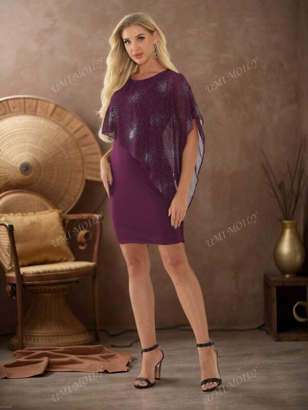 Women's Metallic Splicing Party Dress, Minimalist Elegant Commuter 2 In 1 Dress, For Cocktail