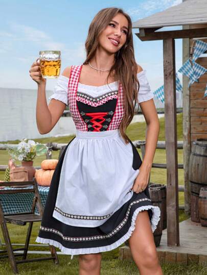 robe à fines brides patchwork bicolore + mini Top avec tablier, costume pour fête d'Halloween. Convient pour l'Oktoberfest, le costume de servante et autres occasions