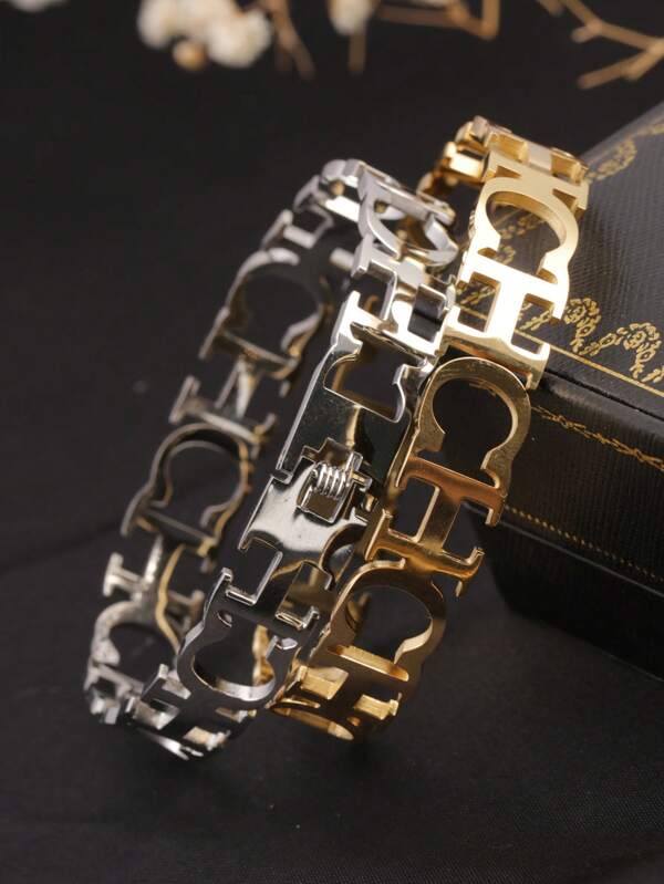 1 pieza Brazalete expansible de acero inoxidable chapado en oro de 18K con letra inglesa hueca "CH", diseño versátil y de moda, apto para hombres y mujeres, uso diario, salidas, sesiones de fotos, también como regalo de pareja