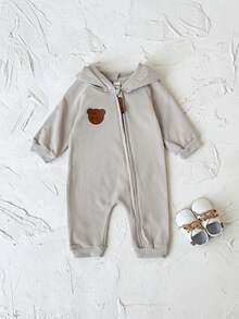 新生儿男女款熊徽章拉链连帽连体衣,春秋季 - 杏色 - 查看 6