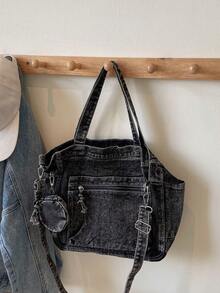 新款时尚休闲别致柔软牛仔多口袋托特包带零钱包，纯色大容量单肩包，艺术风格大学生斜挎书包，适合上班通勤、购物、旅行和返校