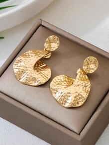 1Pair Women Bold Unique Vintage Gold Crinkled Lava Textured Asymmetrical Geometric Pendant Earrings (No Gift Box)
