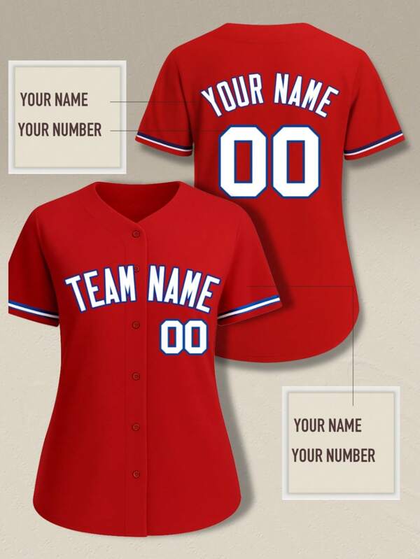 Maglietta da baseball personalizzata rossa per donna, traspirante e ad asciugatura rapida, maglia da allenamento da squadra/club con nome, numero, logo stampati sul davanti e sul retro, comoda e aderente, colore bianco, adatta per uso casual, feste, uso quotidiano.