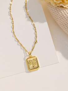 1pc Stainless Steel Square Flower Design Pendant Necklace, Vintage Fashion Street Style For Daily Wear And Party