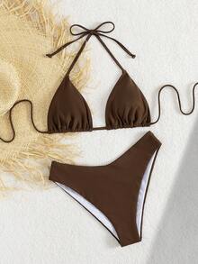 女士露背系带性感棕色比基尼泳衣套装，露背系带女士泳衣，休闲度假优雅女士沙滩泳装，采用高弹面料，双层透气面料，适合海滩度假、音乐节、情人节等场合，女士沙滩度假套装，女士泳衣，夏季度假套装，纯色比基尼 - 棕 - 查看 3