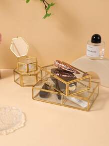 Luxury Hexagonal Ring Box, Golden Jewelry Storage Box, Gold Glass Jewelry Display Case