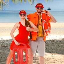 4-teiliges Rettungsschwimmer-Kostüm-Set - athletischer Stil verstellbarer Hut, aufblasbarer Rettungsring, Pfeife und Erwachsenen-Schwimmbrille - geeignet für Poolpartys, Halloween, Karneval - hervorragend für Maskenball und Rollenspiele