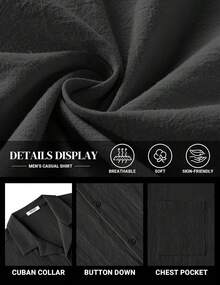 Mens Cotton Linen Shirt Casual Button Down Short Sleeve Shirts Summer Cuban Vacation Beach Shirts With Pockethalloween - 淺藍色 - 查看 7