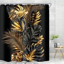 抽象棕榈叶热带浴帘套装，秋季装饰热带树叶黑金浴帘翠绿色黑金色现代植物夏威夷浴帘，带 12 个挂钩，香蕉叶抽象龟背竹棕榈丛林植物夏威夷自然，浴室配件浴室装饰家居装饰 - Tropical-09 - 查看 3