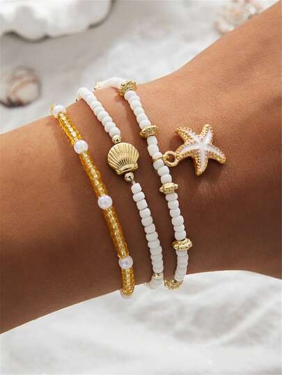 3 Stücke/Set Sommer Strand Stil Seestern & Muschel Perlen Glas Material Frauen Armband Set, Meerjungfrau Farbe Perlen Stapelarmband