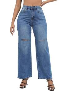 THUNDER Womens High Waisted Wide Leg Jeans Stretchy Distressed Pants - dark Blue - View 3