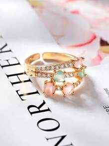 1pc 18K Gold Plated Fashion Cat's Eye Gemstone Ring,Pink And Green Crystals Open End Adjustable Ring,Summer Beach Vacation Accessory,Suitable For Women's Daily Wear,Wedding,Dating,Party,Holiday,Valentine's Day Gift,Fine Jewelry Gift.
