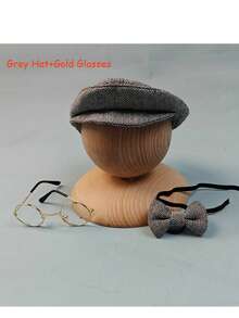 3pcs/Set Baby Boy Gentleman Outfit With Striped Beret Hat With Bow Tie & Glasses, Khaki Or Gray Stripes Flat Cap Prop, Newborn Photography Props Infant Photo Shoot Costume Accessories Baby Shower Gift Idea - Multicolor - View 10