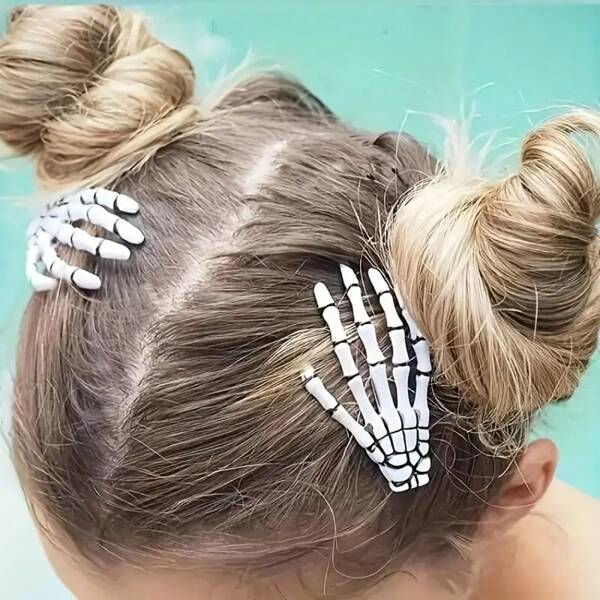 2 Horquillas para el cabello con forma de mano de esqueleto y garra de hueso de zombi estilo Halloween, blancas, decoración de fiesta de terror, disfraz, tocado, joyería para el cabello hecha a mano, decoración de Halloween, tocado de Halloween