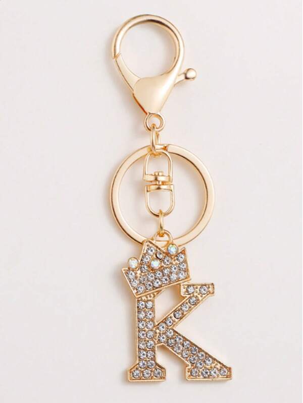 26pcs Alphabet Letter Rhinestone Keychain, Gold-Color Zinc Alloy Bling Pendant Accessories For Handbag Charm, ABCDEF School