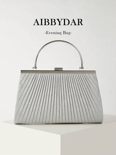 AIBBYDAR Women's Evening Bag, Silver Glitter Pleated Handbag, Suitable For Evening Dress, Clutch Design, Portable Cosmetic Bag & Wallet, Detachable Metal Shoulder Strap, For Party, Wedding, Event