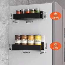 Magnetisches Gewürzregal, Kühlschrankmagnetregal mit hohlem Boden, ohne Bohren, selbstklebende Gewürzregale für Kühlschrank, Backofen, Mikrowelle, Waschmaschine, Geschirrspüler, Trockner, Aktenschrank, Tür, Größe L 29,5 cm, Größe S 27 cm, Schwarz, 2 Stück - Schwarz - Übersicht 8