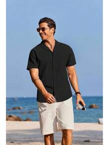 Mens Cotton Linen Shirt Casual Button Down Short Sleeve Shirts Summer Cuban Vacation Beach Shirts With Pockethalloween - 淺藍色 - 查看 3