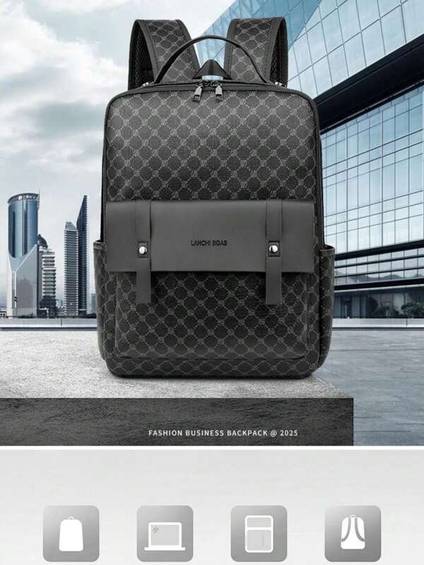 Medium Laptop Backpack Geometric Pattern Buckle Design Pu Camping Bag, Schoolbag For Travel, College, School Casual Backpack Laptop Backpack Commute Lightweight Flap Backpacks Leather Bag Minimalist Vacation Sport Waterproof Portable Travelling Bag With Checkered Pattern Vintage Bag PU Leather Holiday Travel Backpack Men Gifts School Bag Outdoor Dad Gifts Father Gifts Men Gifts Present Valentines Gifts