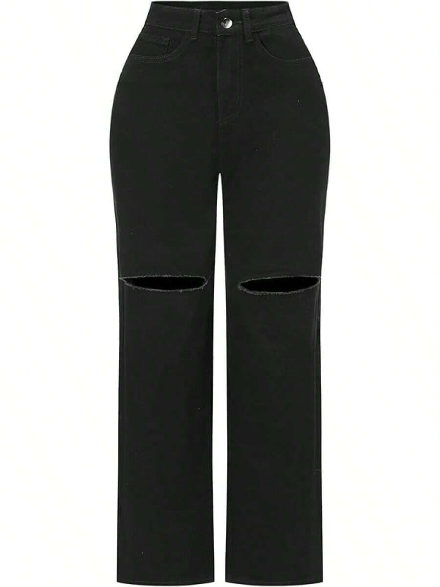 Pantalones vaqueros de tiro alto y pierna ancha con efecto desgastado y elásticos para mujeres THUNDER - 1# Negro - Ver 1