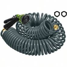 Coil Hose 25FT EVA Coil Garden Hose With 3 4'' Brass Connector Coiled Water Hose Lightweight And No Kink Includes 7 Patterns Spray Nozzle For Outdoors Lawn Watering Car Washing - 灰色的 - 查看 1
