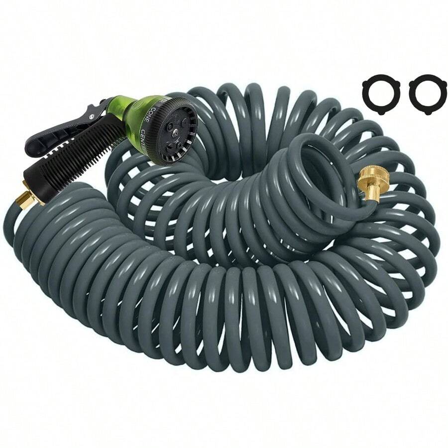 Coil Hose 25FT EVA Coil Garden Hose With 3 4'' Brass Connector Coiled Water Hose Lightweight And No Kink Includes 7 Patterns Spray Nozzle For Outdoors Lawn Watering Car Washing - 灰色的 - 查看 1