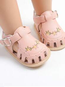 Baby Girl Sandals, PU Leather Non-Slip Embroidery Flower Summer Flats Toddler Shoes For Casual Daily - 粉色 - 查看 1