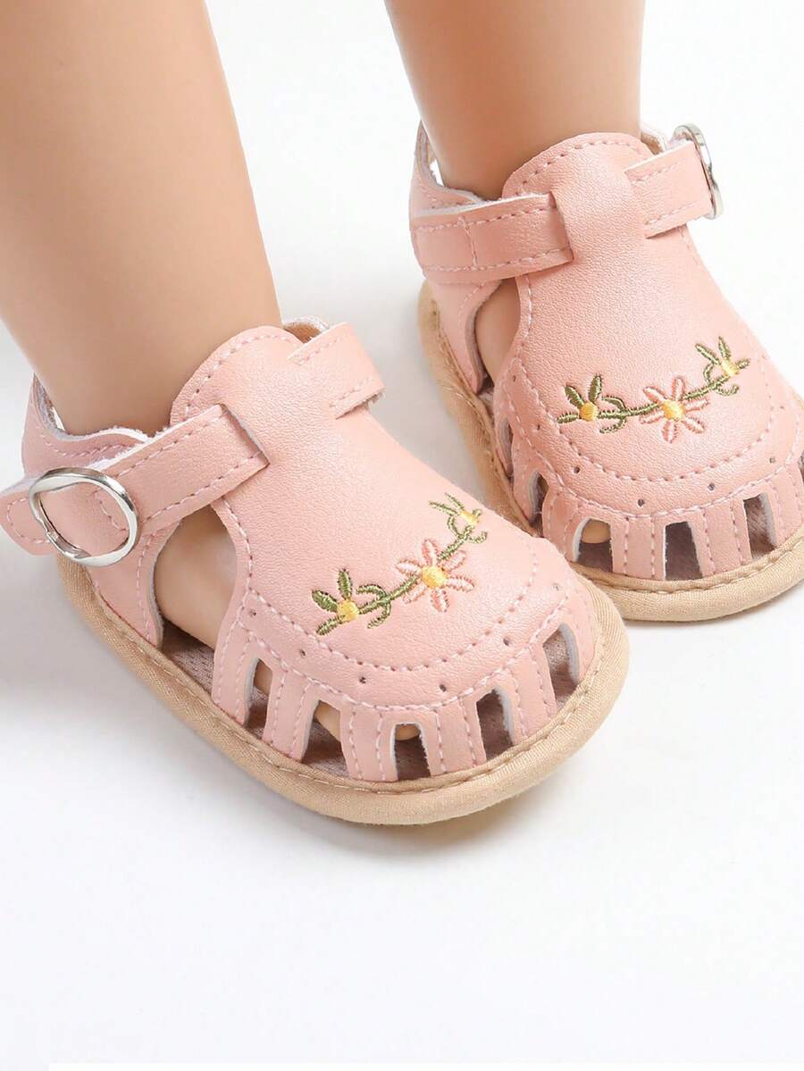 Baby Girl Sandals, PU Leather Non-Slip Embroidery Flower Summer Flats Toddler Shoes For Casual Daily - 粉色 - 查看 1