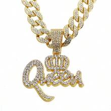 Hip Hop Zinc Alloy Crown QUEEN Letter Full Diamond Pendant Elegant Personality Necklace Jewelry