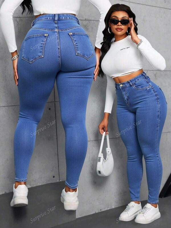 Talla grande pantalones vaqueros ajustados azules, estilo sexy y elegante para looks diarios