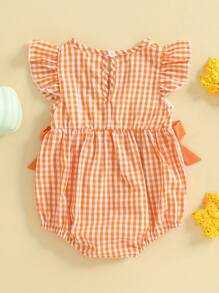 Baby Girl Halloween Romper Pumpkin Embroidered Plaid Bows Crew Neck Flying Sleeve Jumpsuit For Fall