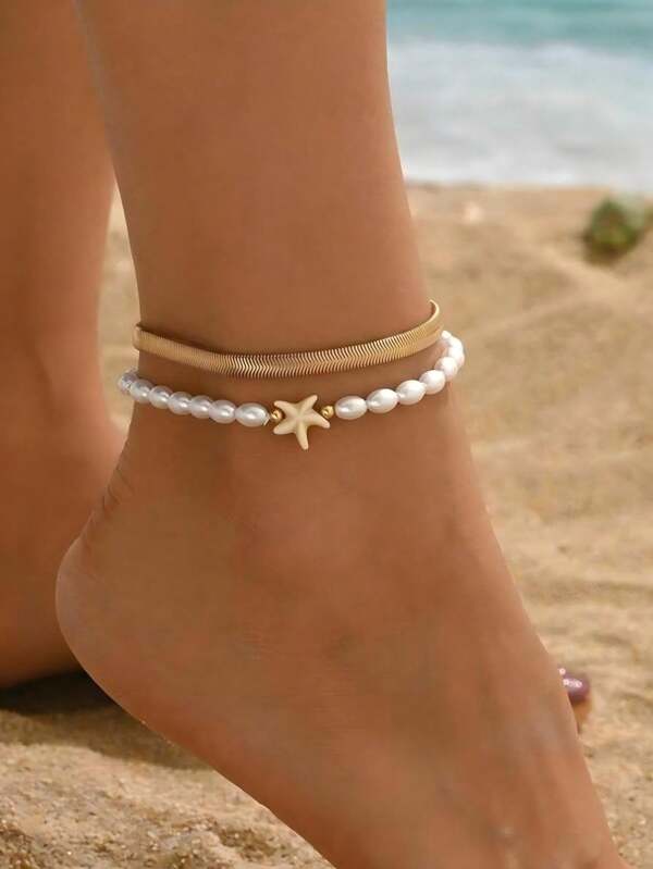2pcs/Set Fashion Snake Chain & Starfish Decor Golden Anklet, Simple White Round Faux Pearl Adjustable Multi-Layered Handmade Braided Beach Foot Jewelry For Ladies Daily And Holiday Wear, Pearl Beaded Part By Length