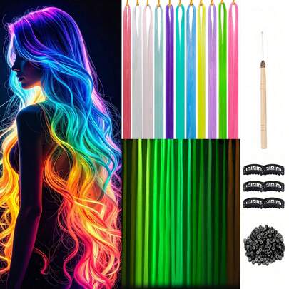 11 件 Y2K 夜光接发 48 英寸 11 色合成直发夜光发片霓虹发饰适合女性女孩派对节日和万圣节新年使用