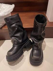 Punk Goth Women's Ankle Boots Fold Over Wedge Heel Booties Wide-Calf Short Shoes Fashion Motorcycle Boots - màu đen - Xem 2