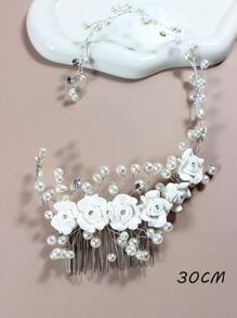 1 pieza Diadema con flor blanca y perlas para mujer/niño, peineta con rosa, accesorio vintage elegante y versátil