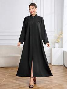 Arabic Style Women's Solid Color Zip-Up Collar Long Sleeve Dress Black Spring - Black - View 3