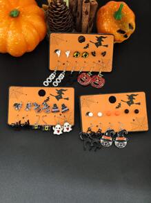 10 Peças/12 Peças Conjunto de Brincos para Halloween, Brincos de Botão com Elementos de Abóbora, Fantasma e Morcego Decorados com Strass