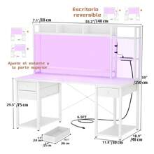 Escritorio gamer, escritorio para computadora con soporte para monitor, mesa para juegos con luces LED, mesa para PC con cajón y estantes de almacenamiento para dormitorio y sala de estar - Blanco - Ver 2
