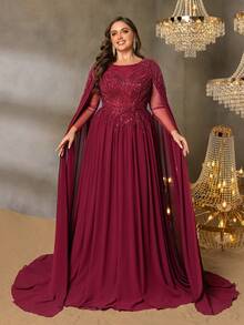 Faeriesty 曲线加大码女士优雅奢华珠饰闪亮亮片雪纺正式礼服，飘逸披肩袖，修身胸衣闪耀夺目，适合奢华宴会、高端慈善晚宴、夏季假日派对、婚礼等场合。 - 酒紅色 - 查看 4