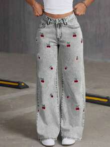 Women & Teenage Girls Fashion Street Style Bow Embroidery Detail Relaxed Wide-Leg Elastic Waist Jeans