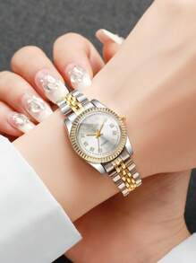 1pc Women's Fashion Casual Rhinestone Decorated Small Dial Quartz Wrist Watch With Steel Band, Minimalist Style (1pc/Set, Watch Box Not Included)