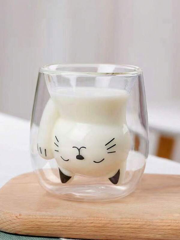 1 pièce Tasse en verre double paroi mignonne de 200 ml avec motif chat, mug isotherme transparent, tasse de petit-déjeuner créative, tasse à lait avec motif dessin animé, tasse à café anti-brûlure, tasse à eau de bureau, tasse à jus d'été, cadeau amusant pour l'anniversaire et la Saint-Valentin
