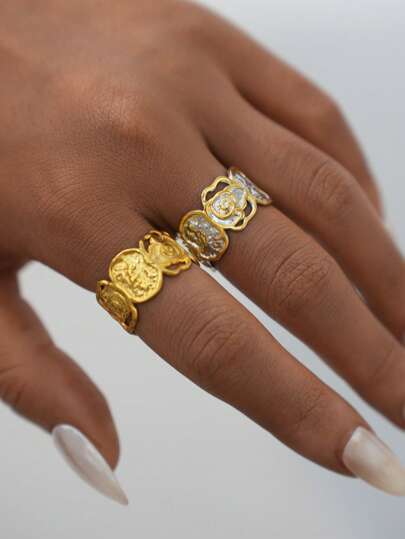 Frminee 1pc/2pcs Elegant Rose Flower 18k Gold Plated Stainless Steel Ring, Suitable For Daily Wear, Wedding, Engagement, Party Jewelry Women's Valentine's Day Gift, Mom, Mother, Mother's Day, Gift