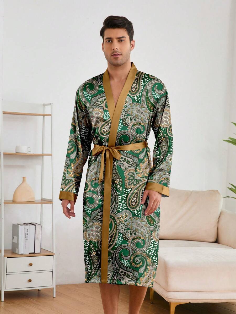 Green Fashion Men Print Bathrobe Set Long Robe Shorts Homewear Sleepwear 2pcs Set - 綠色 - 查看 1
