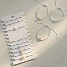 12pcs Set Pearl, Starfish, Shell Handmade Braided Adjustable Bracelet (Randomly Colored Pearls)