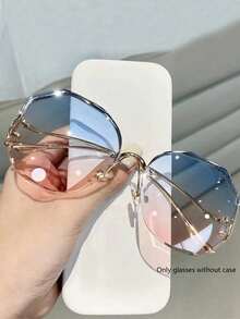 1 件女士圆形无框渐变水钻边时尚眼镜，适合日常佩戴圆形墨镜