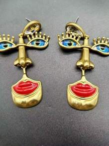1 Pair Exaggerated Retro European American Style Personalized 3D Face With Blue Eyes Red Lips Earrings, Suitable For Women To Wear Daily Or At Parties