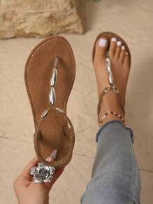 Sandalias de dedo bohemias de mujer con cuentas, estilo romano tejido, para playa, vacaciones, uso en interiores, primavera/verano