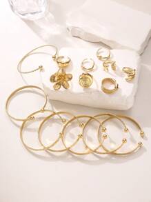 8 Stücke Ringe + 7 Stücke Armbänder - Vintage minimalistische stapelbare verstellbare offene Bangle Armbänder, delikater Blumen-, Linien-, geometrischer Ringset, Boho-Stil Schmuckset für Frauen, geeignet für Alltag, Party, Urlaub und Bankette, ideales Schmuckgeschenk für Frauen