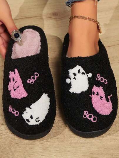 New Halloween Pink & White Angel Bat Plush Slippers, Cartoon Funny Cute Print & Embroidery, Warm Indoor Soft Bottom Non-Slip Unisex Slippers